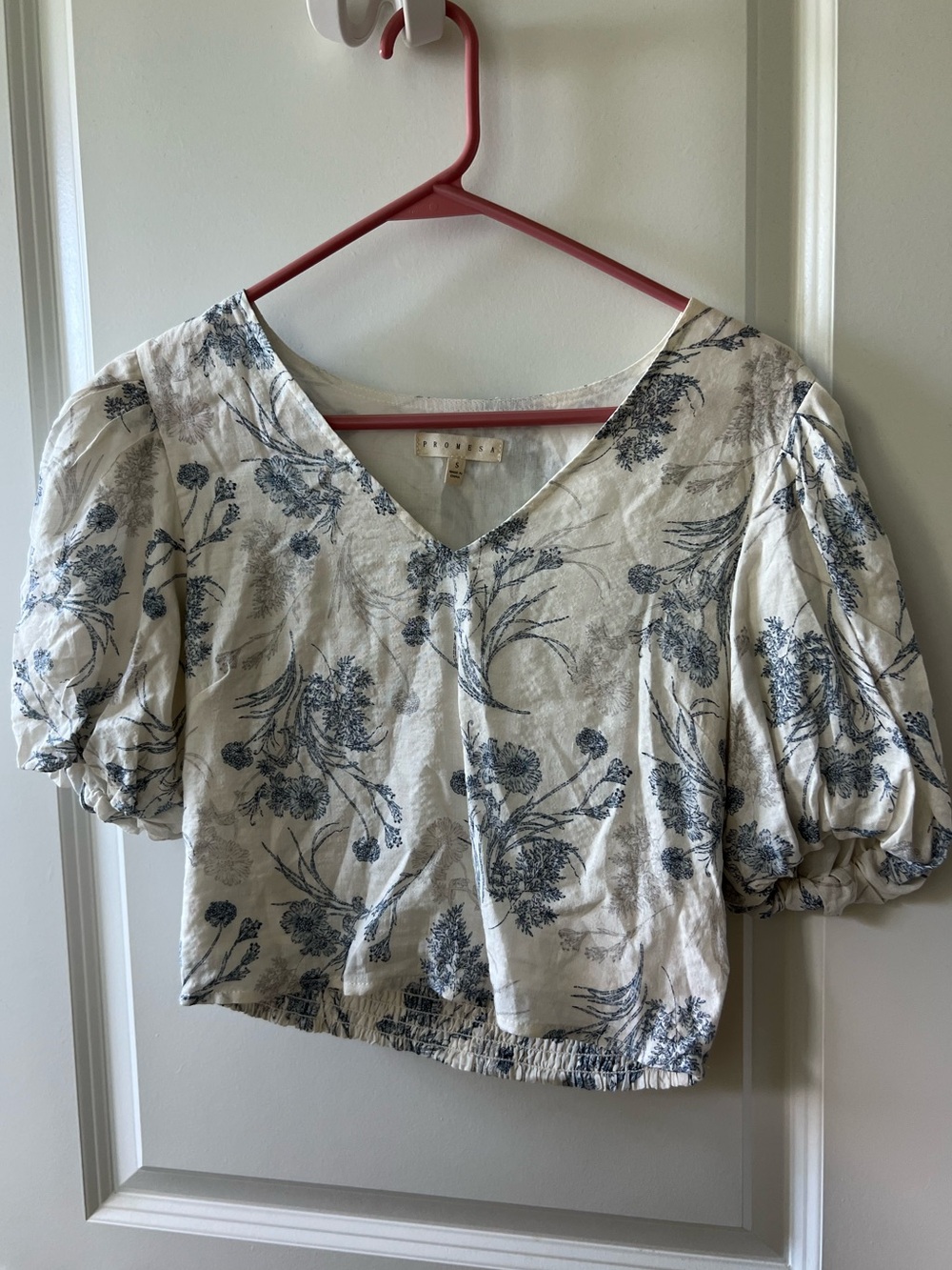 Promesa Cream Crop Top with Blue Floral Print and Puff Sleeves